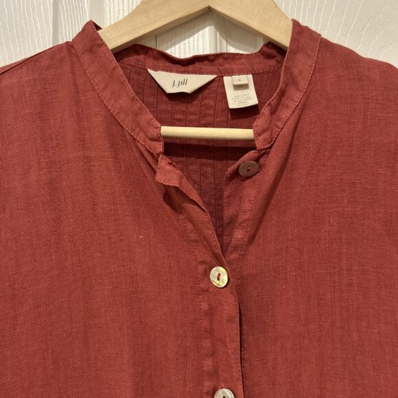 Vtg J Jill Womens Button Up Linen Blend Tunic Top Pleats Rust L Coastal Bohemian - Picture 3 of 10